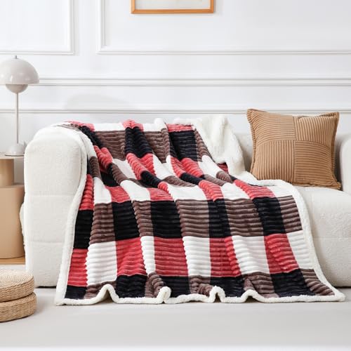 Sherpa Blanket Twin Plaid Thick Bed Blanket (Black Red Check / 60"*80")