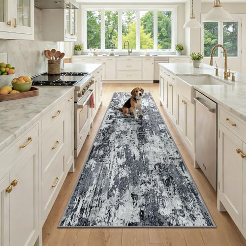 Washable Runner 3'x9' Abstract Area Rug for Hallway Black White (Black/Navy Blue/Gray / 3' x 9' (Runner))