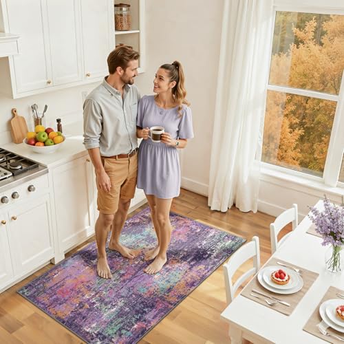 Washable 3'x5' Abstract Area Rug for Living Room Purple Multi (Purple/Orange/Teal/Green/Red / 3' x 5' (Rectangular))