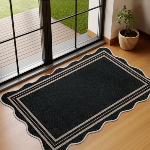 2x3 Front Door Mat Easy Jute Scalloped Doormat Small Entryway Rug (2' x 3' (Rectangular) / Scalloped - Black Geometric)