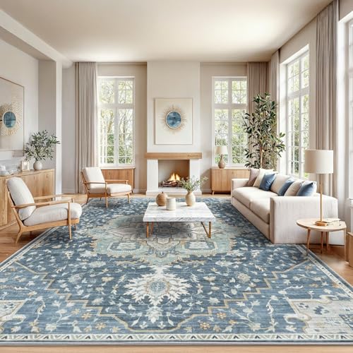 Amada Large 10x14 Washable Area Rug for Living Room (10' x 14' (Rectangular) / Blue/Yellow)