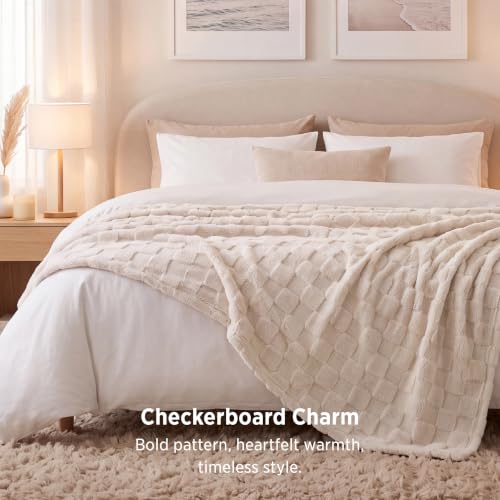 Checkered Soft Cozy King Size Blankets for Bed (07 Cream / King (108" X 90"))