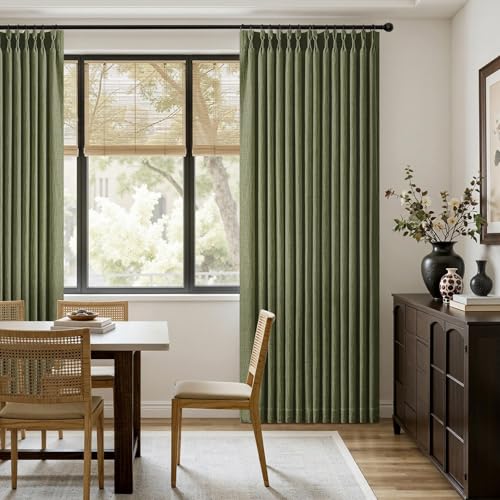 Olive Green Pinch Pleated Linen Curtains 108 Inches Long 2 Panels (Olive Green / 40"W x 108"L (Pack of 2))