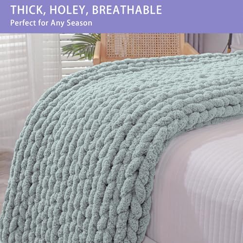 Chunky Knit Throw Blanket for Couch (Misty Green / 51"x63" (Large Size Throw）)