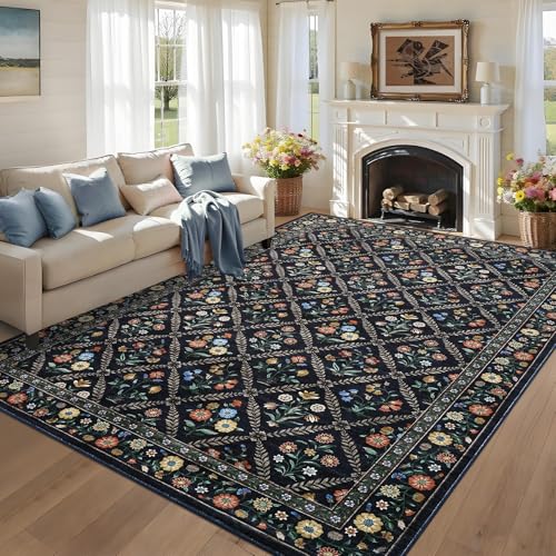 8x10 Washable Large Living Room Rug Water Resistant Distressed Vintage Floral (Navy/Black / 8' x 10' (Rectangular))