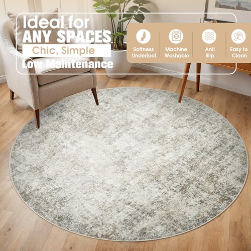 Round Rug 6ft Washable Rug for Dining Room Living Room Beige Brown (Beige/Brown / 6' (Round))