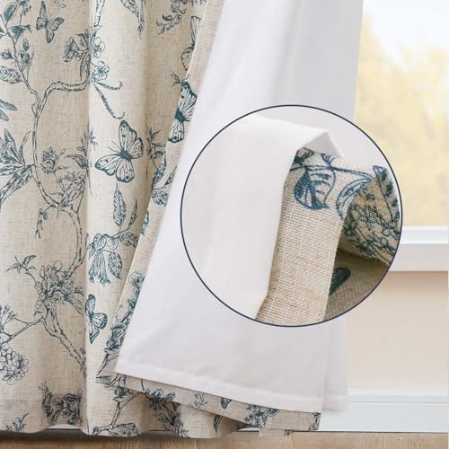 Blue Floral Linen Curtains Lined 84 Inch Vintage Back Tab 2 Panels (Charlotte Blue / 50"W x 84"L (Pack of 2))