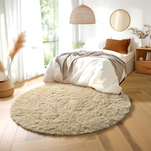 Beige Boho Shag Round Circle Area Rug 6Ft for Living Room Bedroom (Beige / 6' (Round))