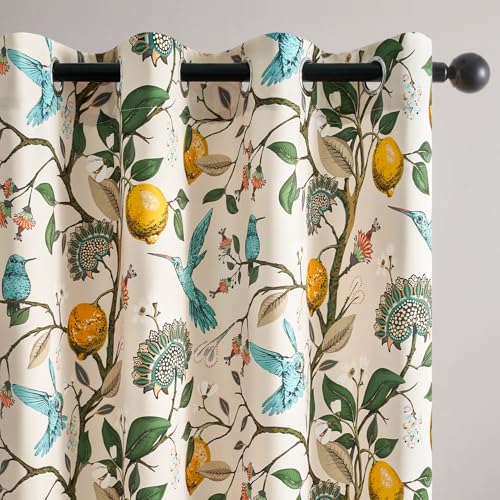 Floral Curtains 90 Inches Long 2 Panels Unique Natural Beige Luxury Elegant Colorful Euro Flower Hummingbird Patterned Rustic Vintage Grommet Drapes for Classroom Room Office Closet 52x90 (Beige / 52"W x 90"L (Pack of 2))