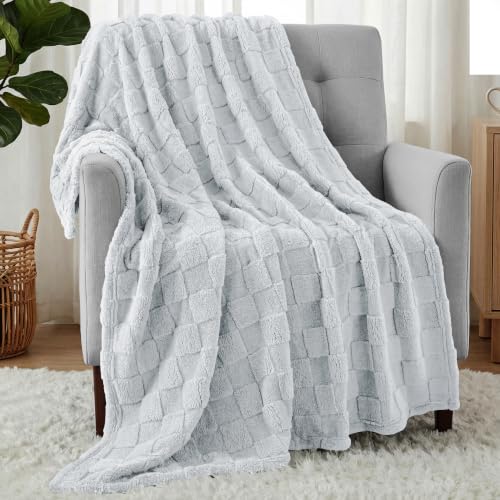 Plush Checkered Fleece Blanket Cool Grey Throw (Cool Grey / Throw)