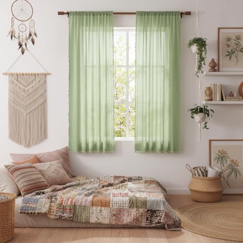 Boho Lace Curtains 63 Inches 2 Panel (59"W x 63"L (Pack of 2) / Grass Green)