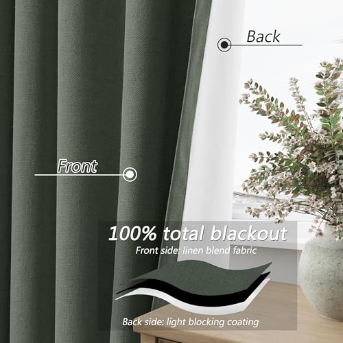 Olive Green 100% Blackout Curtains 96 Inch Length 2 Panels Set for Living Room Bedroom Back Tab Thermal Insulated Black Out Linen Drapes Room Darkening Window Curtains 96 Inches Long (Olive Green / 52"W x 96"L (Pack of 2))