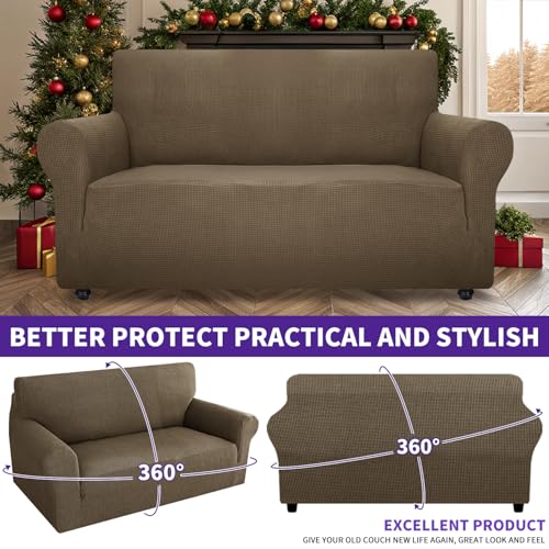 Super Stretch Couch Cover Love Seat Sofa Covers for Living Room Dogs Pet Friendly Furniture Protector Spandex Loveseat Slipcovers with Anti Slip Foam Sticks (Brown / Medium (57"-70"))