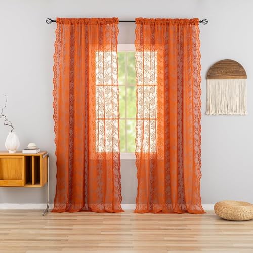 Vintage Lace Curtains 72 Inches Long (Burnt Orange / 52"W x 72"L (Pack of 2))
