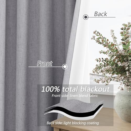 Grey 100% Blackout Curtains 120 Inch Length 2 Panels Set for Living Room Bedroom Back Tab Thermal Insulated Black Out Linen Drapes Room Darkening Window Curtains 52x120 (Grey / 52"W x 120"L (Pack of 2))