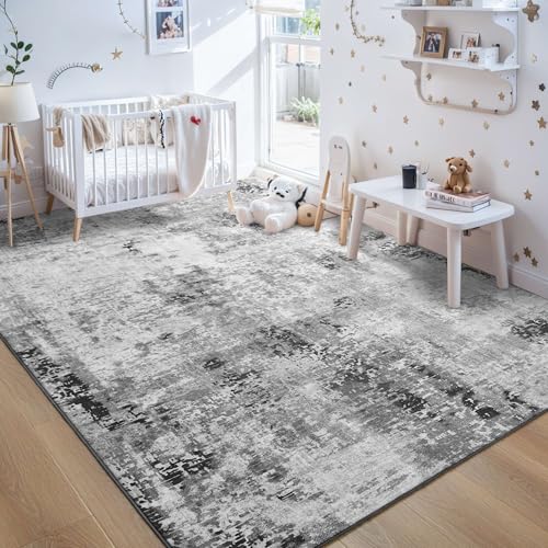 Living Room Rug 8x10 Gray Area Rugs Machine Washable Abstract Boho Large Rug Non (Grey / 8' x 10' (Rectangular))