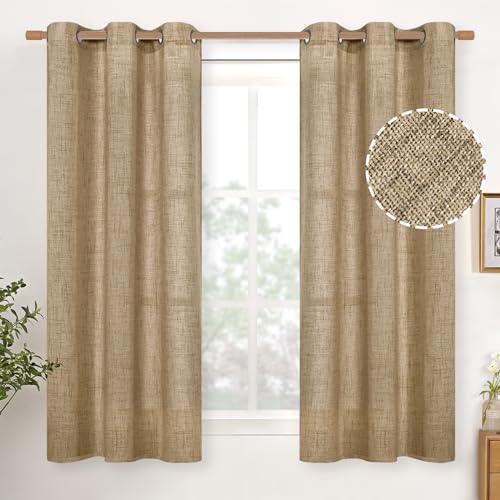 Short Linen Semi Sheer Curtains 45 Inch Length for Kitchen Window (Toffee / 42"W x 45"L (Pack of 2))