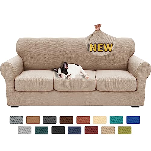 4 Piece Stretch Sofa Cover (71"-91"(3 Cushions) / Khaki)