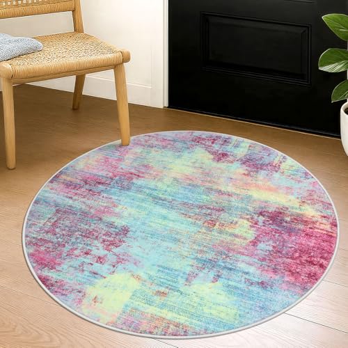 Round Area Rug 3 Ft Circle Entryway Rugs Round Washable Door Mat Indoor Entrance (Multi Pink / 3' x 3' (Rectangular))