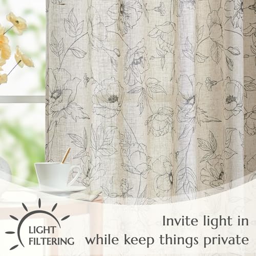 Linen Floral Curtains for Living Room 84 Inch Length Grey Flower Curtain Rod Pocket Back Tab Farmhouse Curtains with Printed Floral Bedroom Window Curtain Set (Penny Grey on Ecru / 50"W x 84"L (Pack of 2))