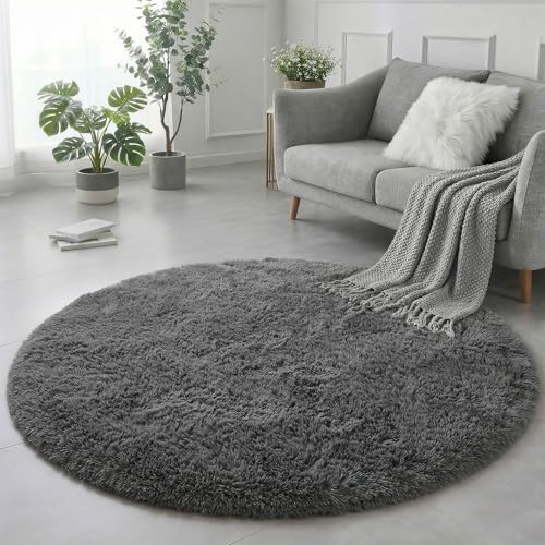 Grey Fuzzy Round Circle Rug 4Ft for Bedroom Living Room Office (Grey / 4' (Round))