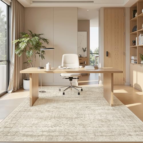 5x8 Area Rugs Beige Low Pile Washable Trendy Faded Style Rug (Beige / 5' x 8' (Rectangular))