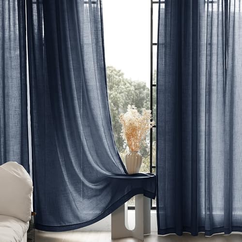 Navy Blue Curtains 120 inch Length for Bedroom Back Tab Light Filtering Semi Sheer Blue Living Room Curtains Linen Cotton Textured Indigo Blue Drapery Panel Modern Aesthetic Decor 42" Wx120" L (Navy Blue / 42"W x 120"L (Pack of 2))