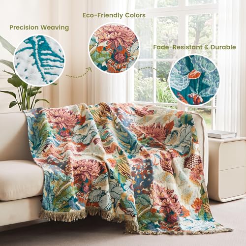 Boho Throw Blanket 50"x60" 100% Cotton Floral Muslin Sofa Blanket (Leaves Flowers 1 / 50"x60")