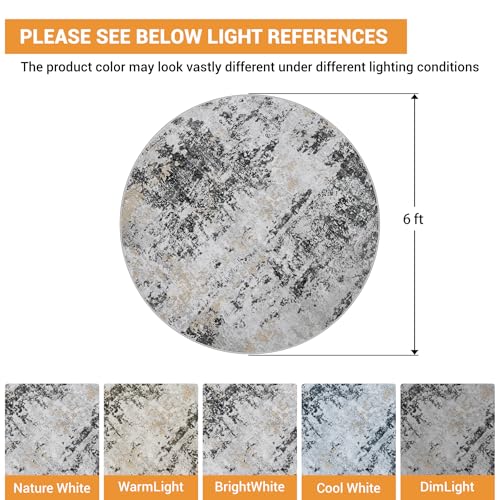 Round Rug 6ft Washable Rug for Dining Room Living Room Black Grey Gold (Black Grey/Gold / 6' (Round))