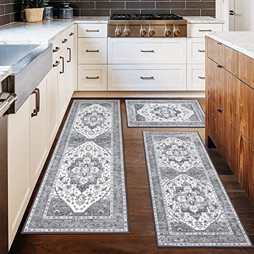 HEBE Boho Kitchen Rugs Set of 3 (Grey / 20"x32"+20"x48"+20"x59")