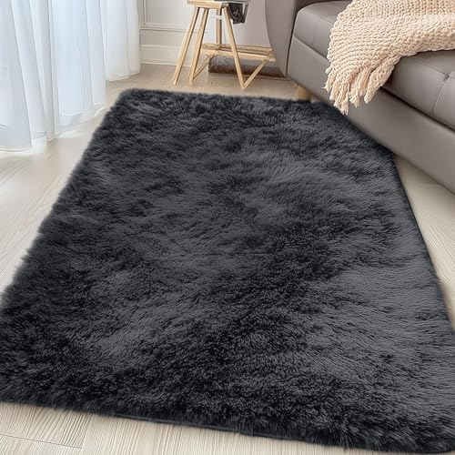 3x5 Machine Washable Small Bedside Rug (3x5 Ft / Black)