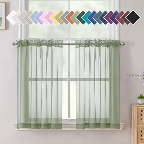 Sage Green Sheer Curtains 36 inches Long 2 Panels (40"W x 36"L (Pack of 2) / Sage Green)