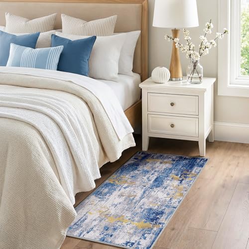 Washable 2'x4' Abstract Area Rug for Living Room Blue Gold (Blue/Gold / 2' x 4' (Rectangular))