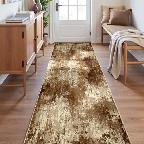 Washable Runner 2'x8' Abstract Area Rug for Hallway Brown Tan (Brown/Tan / 2' x 8' (Runner))