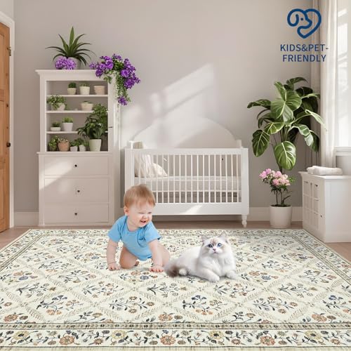 6x9 Machine Washable Area Rugs for Living Room Floral Stain Resistant Soft Carpet Vintage Low Pile Non Slip Non (Beige/Sand / 6' x 9' (Rectangular))