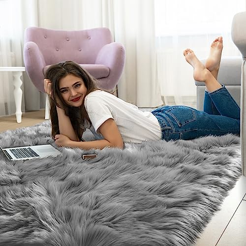 Soft Fluffy Faux Fur Rugs for Bedroom Bedside Rug 2x4 Feet (Grey / 2' x 4' (Runner))