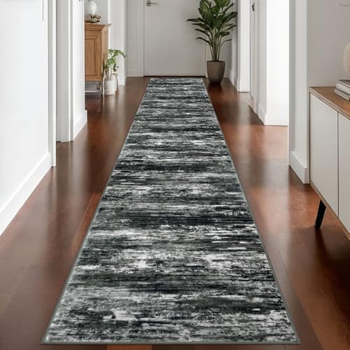Modern Abstract Washable Rug Runner 2.6x14 Hallway Rug Runner Non (Black White Grey Green / 2'8" x 14' (Runner))