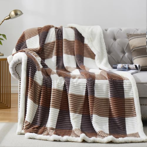 Sherpa Blanket Twin Plaid Thick Bed Blanket (Beige Check / 60"*80")