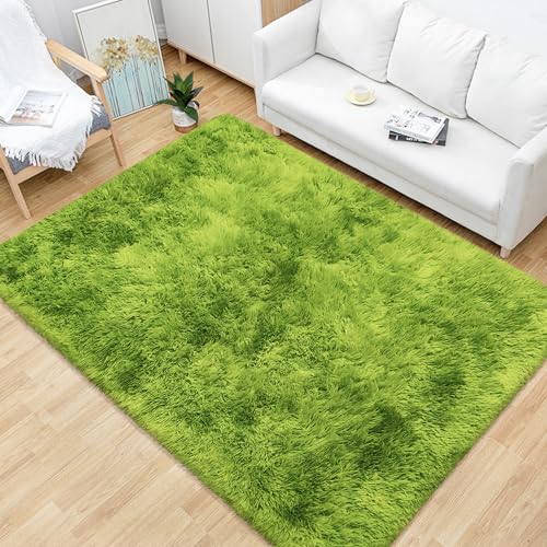 Green Tie Dyed Rug for Bedroom 4x6 Fluffy Area Rug Mat Bedside Throw Rug for Living Room Kids Room Boys Teens Nursery Baby Dorm Office Home Decor Aesthetic Carpets (Tie-dyed Green / 4' x 6' (Rectangular))