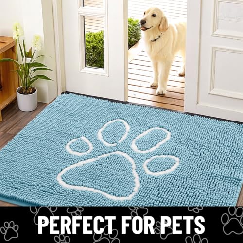 Dog Door Mat for Muddy Paws (24"X16" / Sky Blue and White)