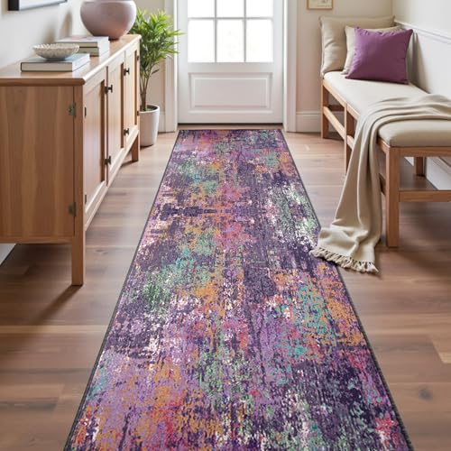Washable Runner 2'x10' Abstract Area Rug for Hallway Purple Multi (Purple/Orange/Teal/Green/Red / 2' x 10' (Runner))