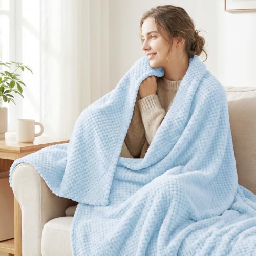 Large Waffle Fleece Throw Blanket for Couch (Light Blue / 50x70 in)