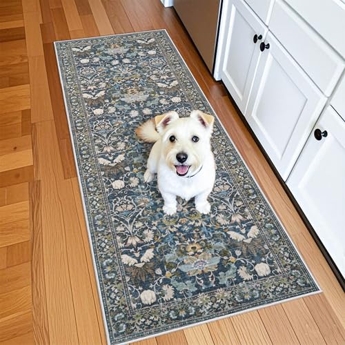 Washable Vintage 2x6 Bathroom Rugs (2' x 6' (Rectangular) / Floral/Blue)