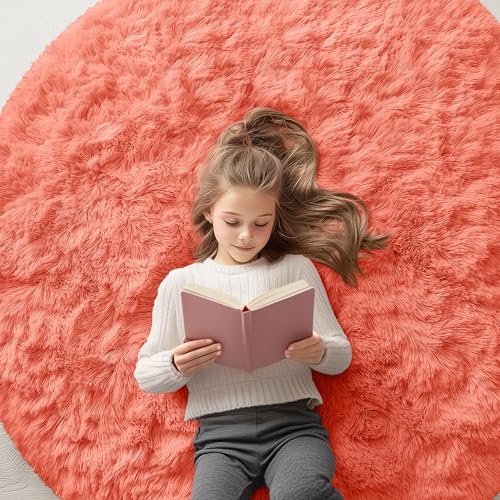 Coral Red Round Rugs for Bedroom (5 Ft Round / Coral Red)