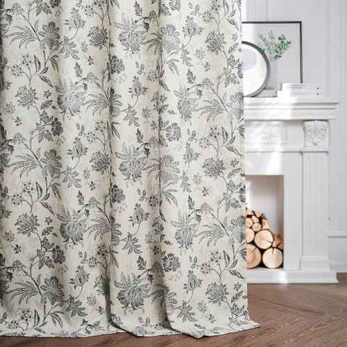 Black Floral Linen Curtains 63 Inch Vintage Back Tab 2 Panels (*Jacobean Black / 50"W x 63"L (Pack of 2))