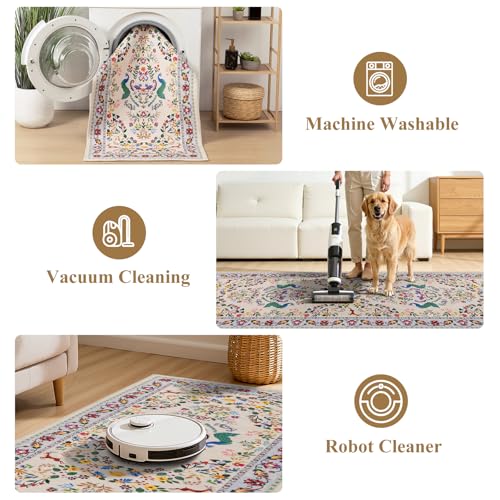 HEBE Hallway Runner Rug 2'x6' (Floral Beige / 2' x 6' (Rectangular))