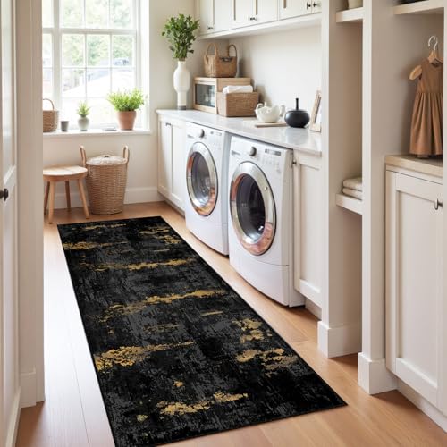 Washable Runner 2'x8' Abstract Area Rug for Hallway Black Gold (Black/Gold / 2' x 8' (Runner))
