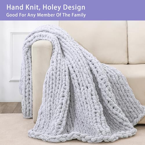 Chunky Knit Throw Blanket for Couch (Light Grey W/ a Little Bit Purple / 40"x80" (Special Size Throw))
