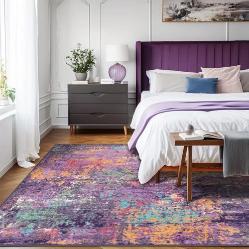 Washable 6'x9' Abstract Area Rug for Living Room Purple Multi (Purple/Orange/Teal/Green/Red / 6' x 9' (Rectangular))