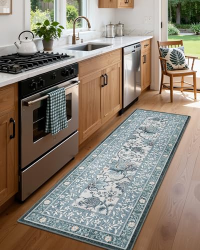 Provence Misty Blue 2x6 Washable Kitchen Runner Rugs Non Slip Vintage Boho Cottage Long Rug for Hallways Bedroom Entryway Bathroom Mat with Rubber Back (Oriental Misty Blue / 2' x 6' (Runner))